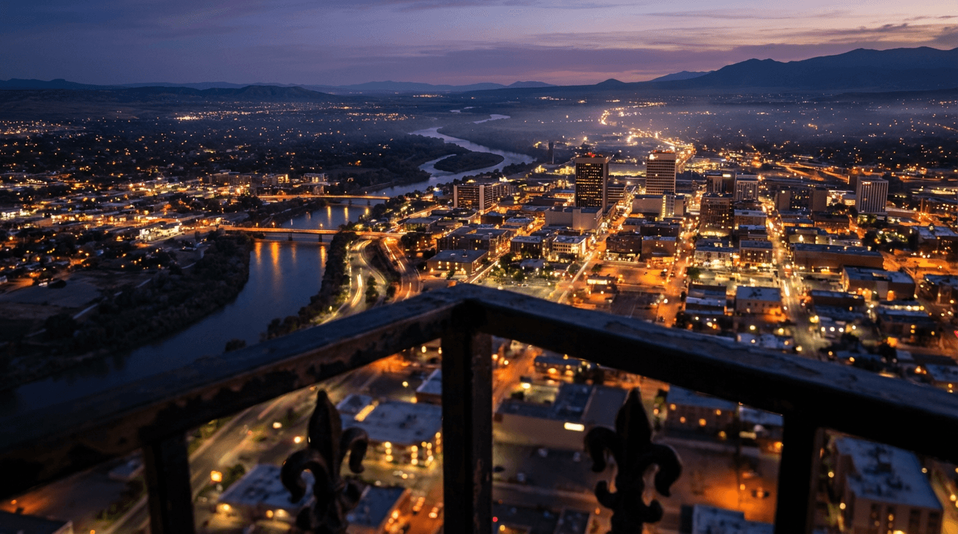 Downtown skyline at twilight with city lights and Rio Grande valley, silhouetted architectural edge in foreground.
