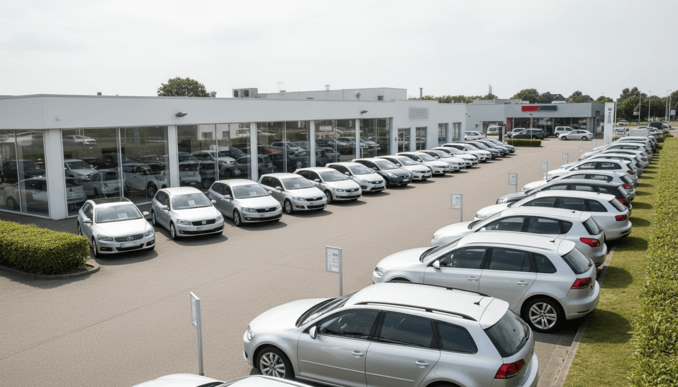 Organized outdoor lot displaying diverse pre-owned vehicles under natural daylight with modern sales office building