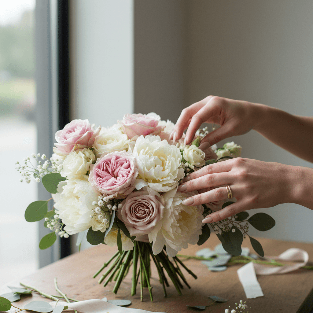 Florist hands arranging fresh roses and peonies into a custom bridal bouquet with natural window light and soft focus background