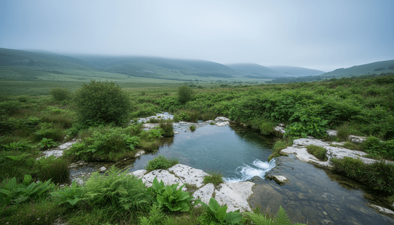 Pristine natural spring source in rolling hills with clear water, limestone rocks, and lush vegetation surrounding the origin point